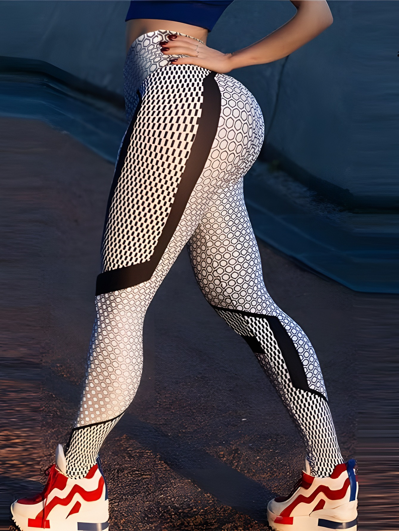 Womens High Waist Geometric Print Workout Leggings with Honeycomb Pattern